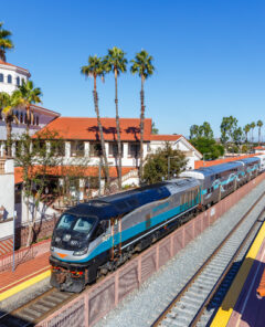 Santa Ana, United States - November 6, 2022: Metrolink commuter rail train at Santa Ana railway station near Los Angeles, United States.